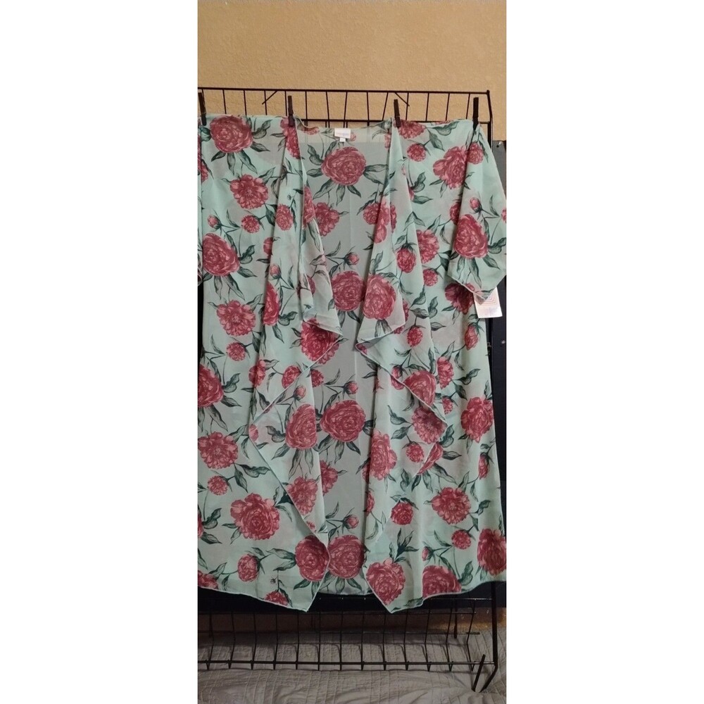 LuLaRoe Women’s XL Mint Green Pink Floral V-Neck Ruffle SS Chiffon Cardigan